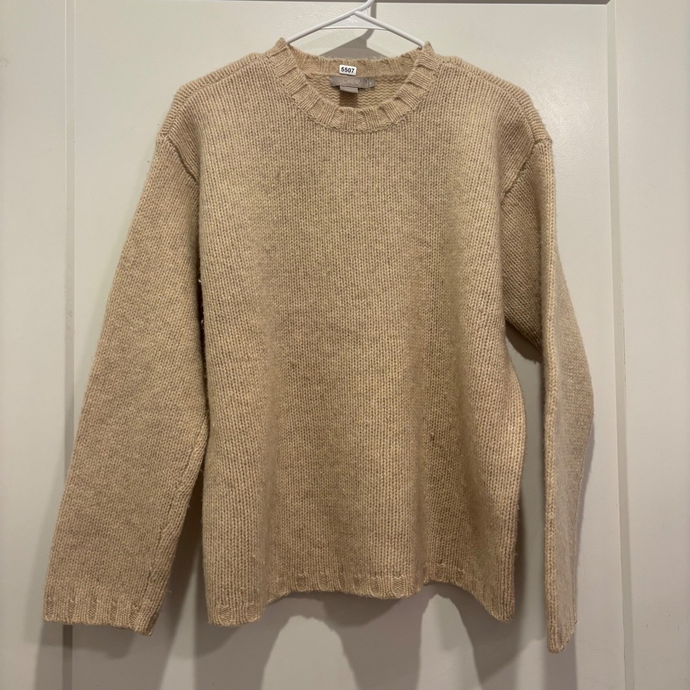 J.Crew Mens Medium 100% Wool Crewneck Sweater Tan Beige Ribbed Knit Pullover